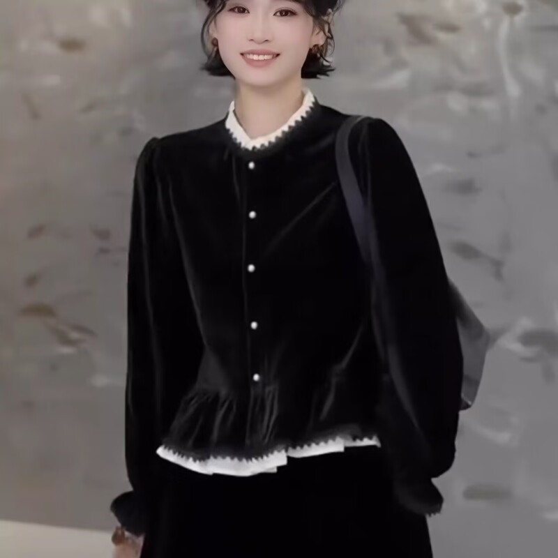 Velvet Top for Women, New Spring and Autumn Style, High-End Lace Splicing Long-Sleeve T-Shirt, Black Inner Layer Base Shirt, Women's Blouse Velvet Top for Women, New Spring and Autumn Style, High-End Lace Splicing Long-Sleeve T-Shirt, Black Inner Layer Base Shirt, Women's Blouse