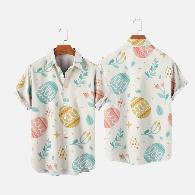Cross-border Easter egg and bunny print short-sleeve shirt for men, turn-down collar, beach vacation casual top