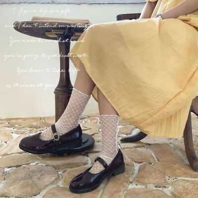 袜子女中筒蕾丝袜春夏新款菱格镂空透气仙女袜日系网纱堆堆袜