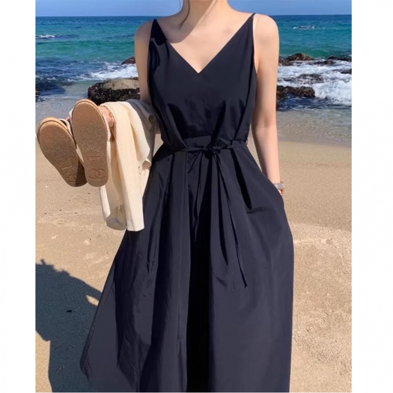 韓国シックな夏フレンチニッチ V ネックレースアップサスペンダードレス女性のウエスト痩身ビーチスカートロングスカート|undefined