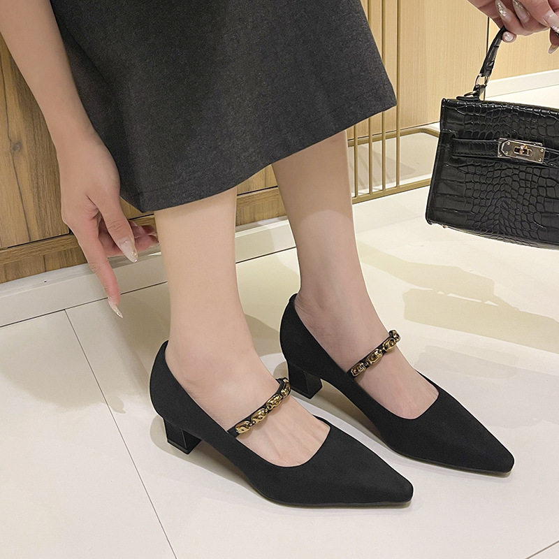 Giày cao gót nữ mũi vuông nhỏ quai ngang thanh lịch, gót vuông vừa 3–6 cm, chất liệu cashmere — Màu nâu, Màu đỏ rượu, màu đen
