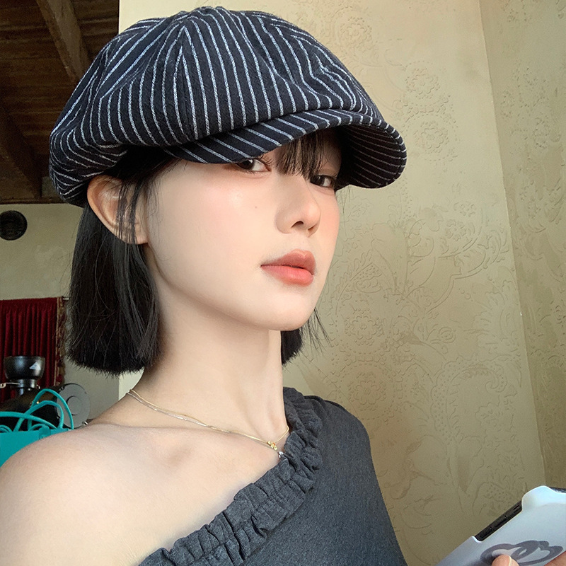日本のレトロなストライプの芸術的なベレー帽、顔が小さい女性用、通気性のある日よけ、日焼け止め、大きな頭囲の八角形の帽子、トレンディです。|undefined