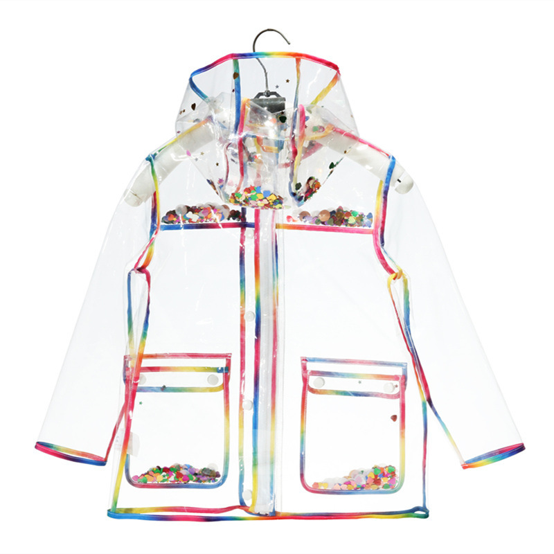 New Sequin Kidsren's Raincoat, Transparent Sequin Colorful One-Piece Raincoat for Primary School Students, Baby Rainbow Raincoat