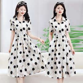 高档正品夏季新款女装优雅波点连衣裙减龄妈妈时尚系带收腰A字裙