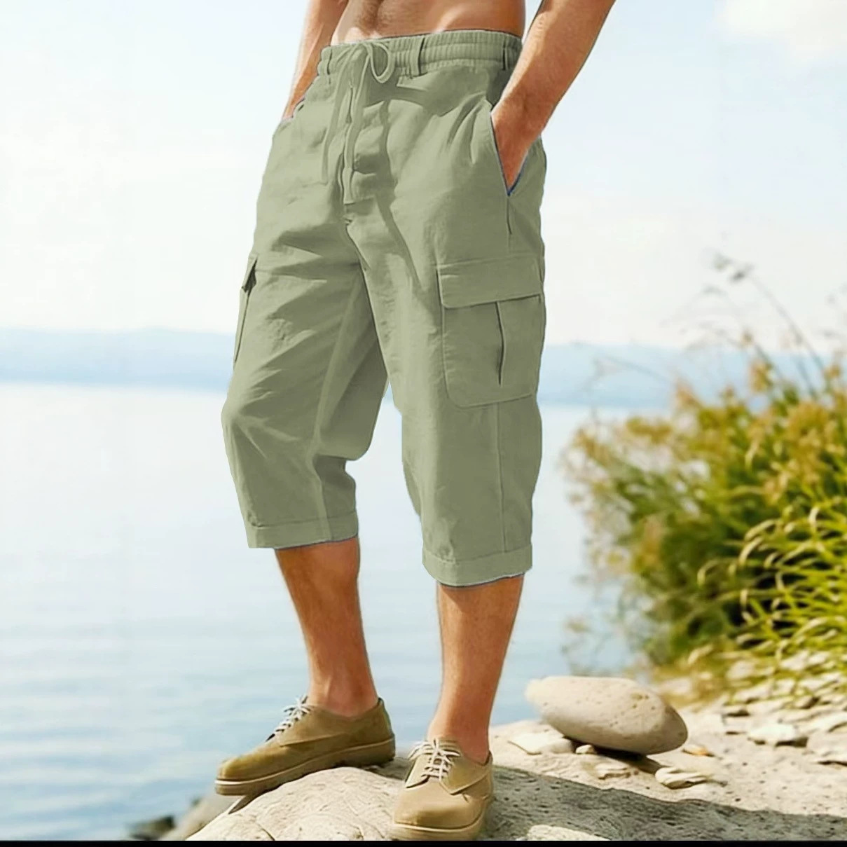 Men's Linen Cargo Pants All Season Thin Multiple Pockets Loose Casual Wide Leg Capri Pants_viptrois.com