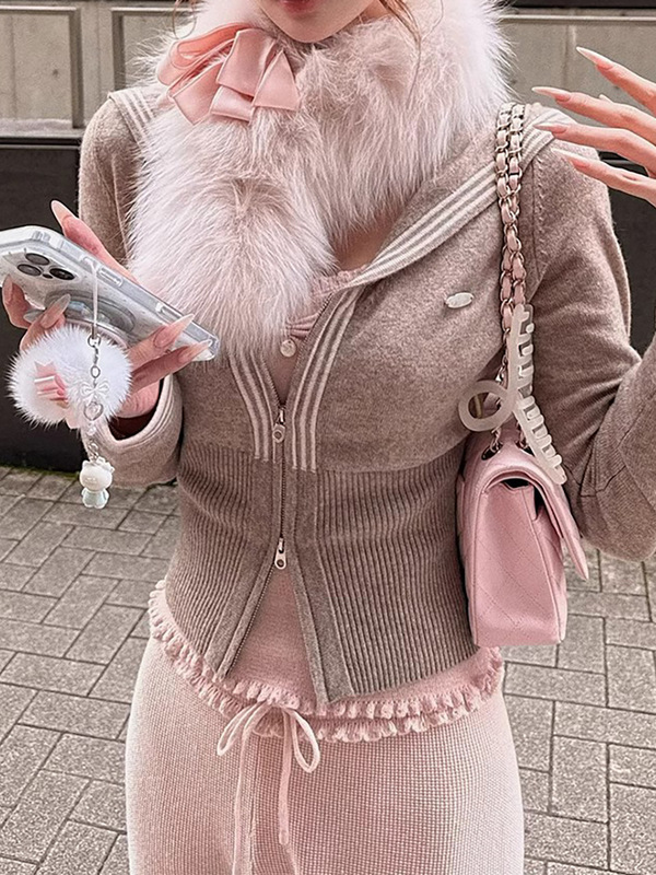 It's Hard Not to Love Sailor Collar Five-Color Double Zipper Stripesd Knitwear Autumn and Winter Slim Fashion Cardigan Top