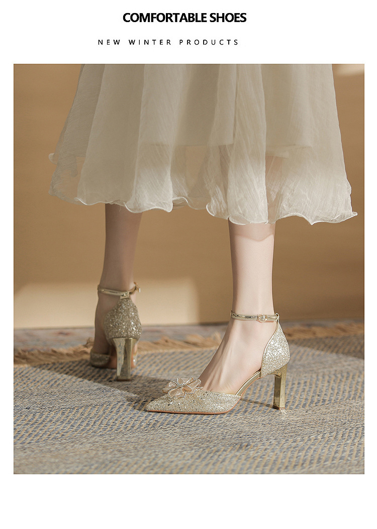 Giày sandal cao gót nữ quai ngang mũi nhọn gót nhọn CH8006-5 — Màu Sâm panh chi tiết 20