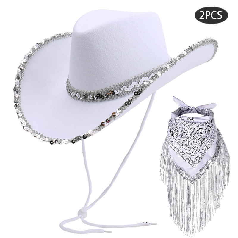 In-Stock Black Fringed Cowboy Hat Glasses Set Silver-Edged Cowboy Hat Pink Fringed Tassel Square Scarf Two-Piece Set