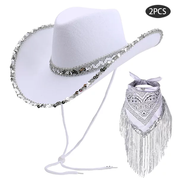 In-Stock Black Fringed Cowboy Hat Glasses Set Silver-Edged Cowboy Hat Pink Fringed Tassel Square Scarf Two-Piece Set