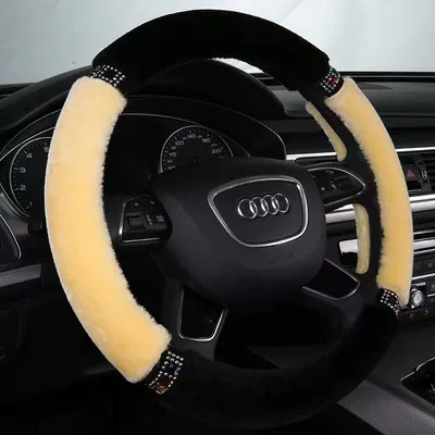 Handle Cover, Steering wheel cover - premium-plush-beige-black-38cm-steering-wheel-cover-with-inner-ring