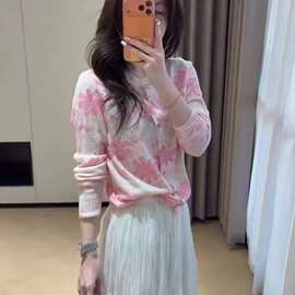 韩系巨好看温柔甜美粉色印花针织开衫女早春新款时尚气质长袖上衣