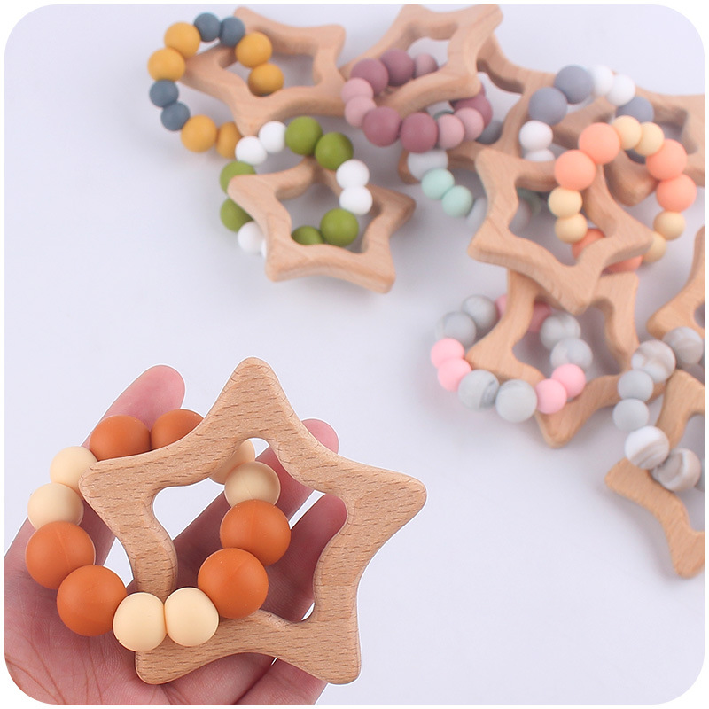 Nuevo bebé suministros de dibujos animados haya estrella mordedor creativo DIY contraste color cuentas silicona mordedura pulsera goma juguete
