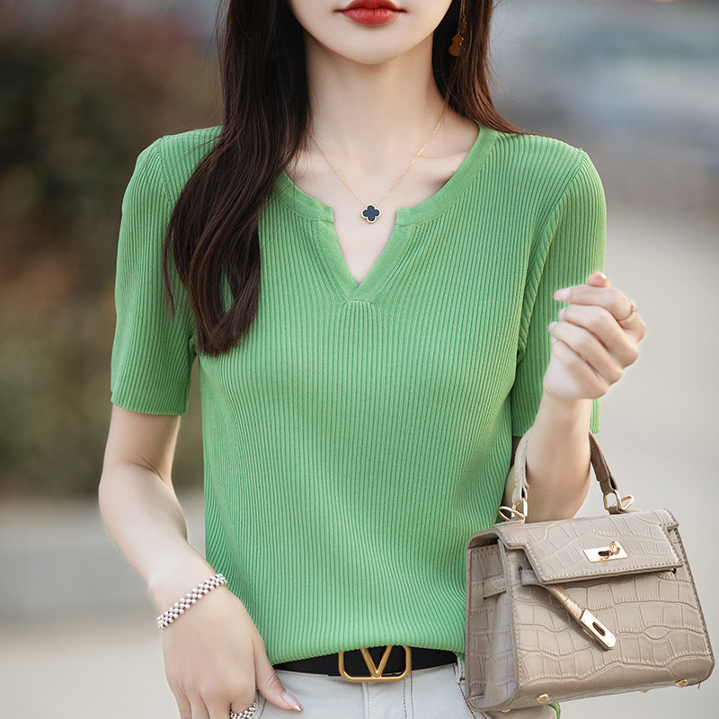 Cross-Border Summer New Women's Curved Bead Ice Silk Short-Sleeved Women's Striped Knitwear T-Shirt Large Size V Neck Thin Slim Vest