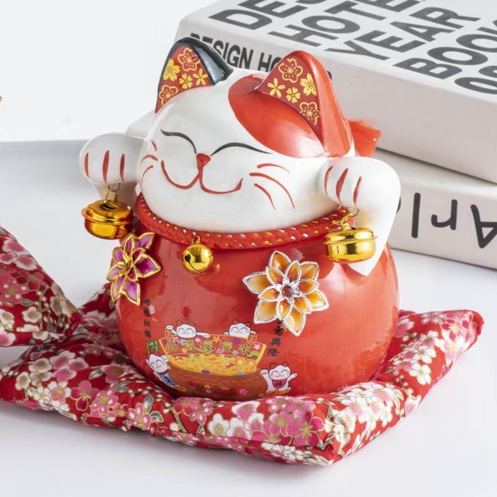 Estilo japonés gato afortunado 7-pulgadas rojo esmalte de Bell lindo cajero decoración hogar alcancía cerámica regalo de apertura image 5