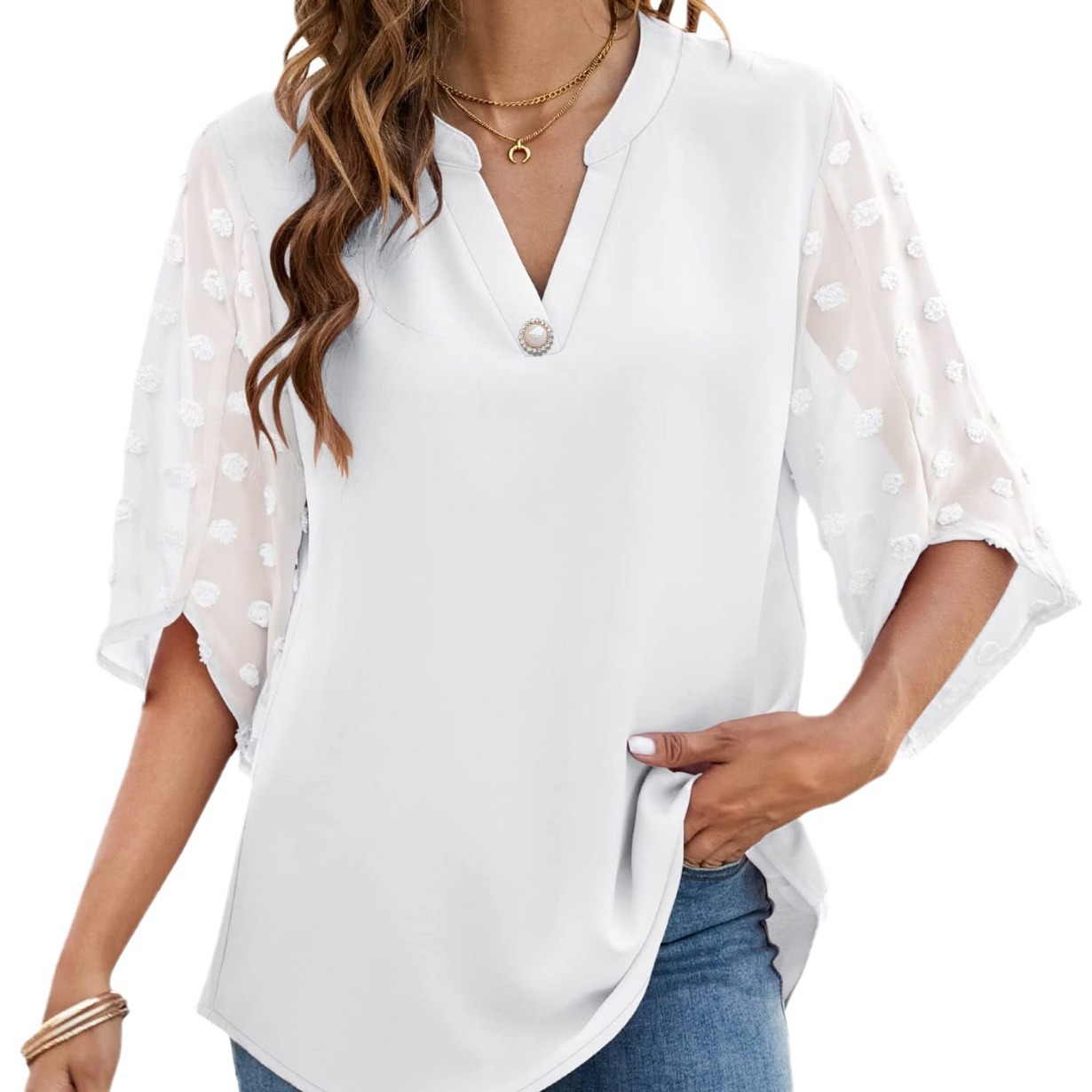 Transfronterizo 2022 Amazon europeo y americano superior de verano de las mujeres Bola de piel manga corta casual suelta con cuello en V camisa superior