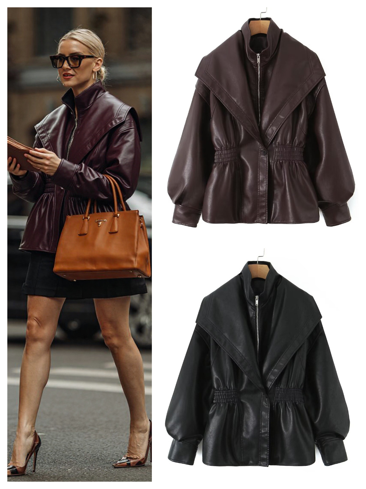 Qadın süni dəri gödəkçə, jaket - yaxalı, fənər qollu