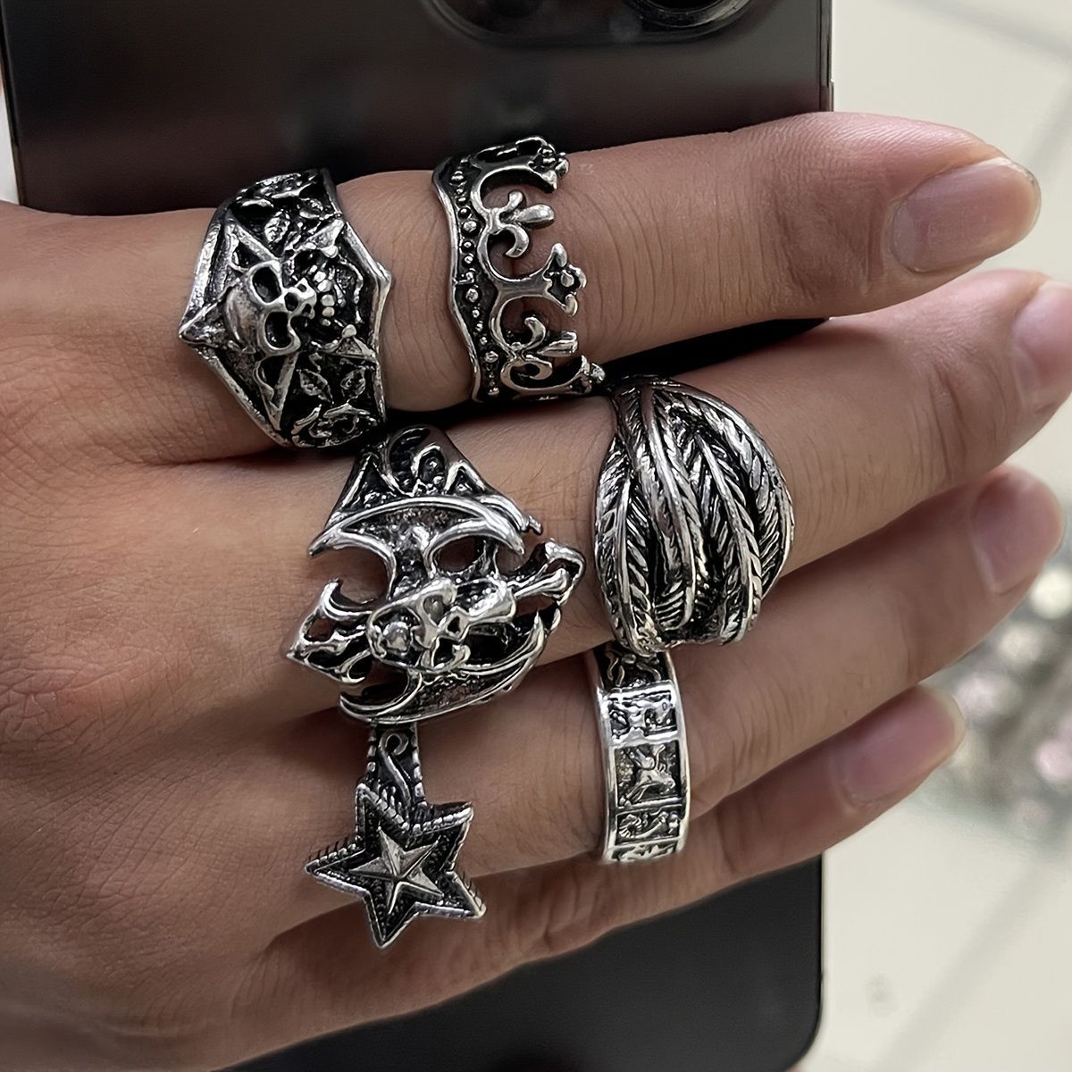 European and American Fashion Retro Silver Hip-Hop Festival Sweet Cool Skull Ring Punk Open Ring Festival Men's Set