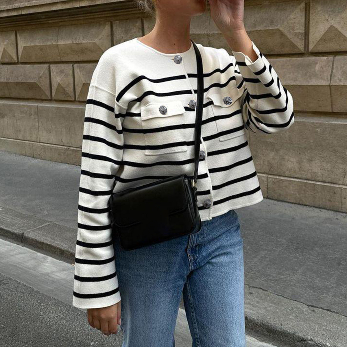Kaikuo2025 otoño y invierno nuevo estilo transfronterizo Europa y Estados Unidos botón de lana a rayas bolsillo cómodo suéter casual mujer Amazon