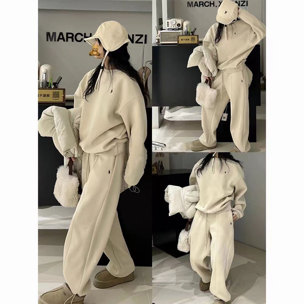 Student Korean Style Loose Slimming Sportswear Suit for Women Spring, Autumn and Winter Fleece-Lined Round Neck Sweatshirt and Sweatpants Casual Two-Piece Set