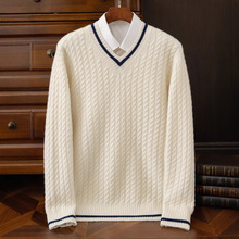 秋冬新款男士拼色V领100纯羊毛衫休闲针织毛衣加厚扭花保暖打底衫