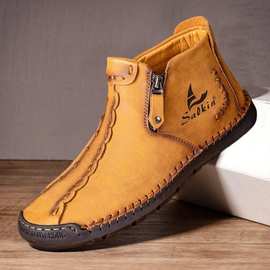 2020秋冬新款中帮马丁靴男士跨境大码拉链套脚短靴外贸手工男靴