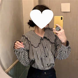 跨境长袖格子衬衫女设计感小众春秋新款百搭复古港味法式娃娃领上