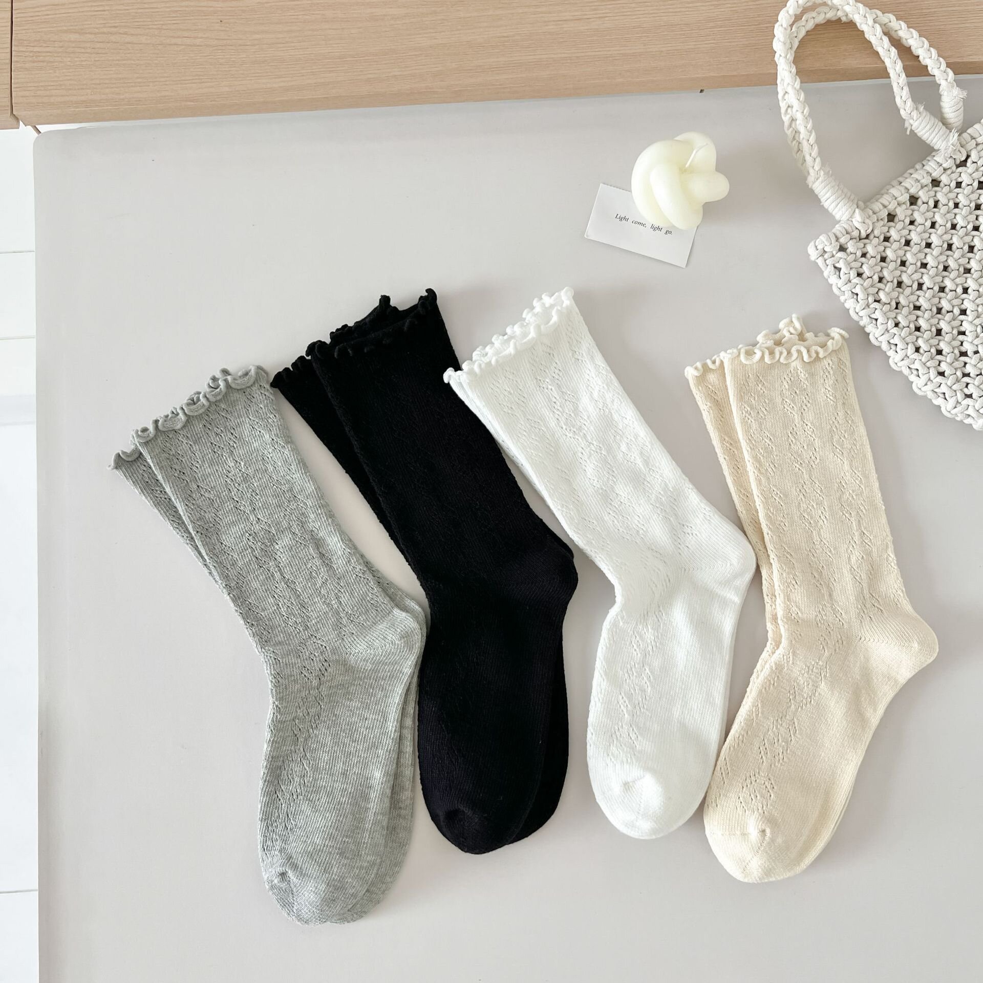 Vintage Mori Girl Pointelle Cotton Lettuce Edge Ruffle Crew Socks Detail View 1