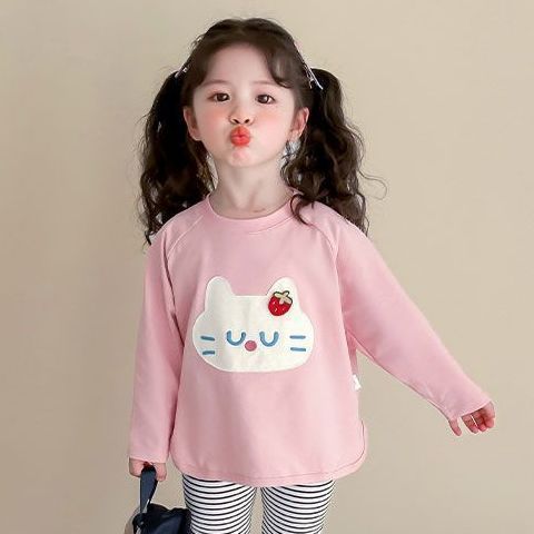 女小童春秋款卡通长袖T恤两件套洋气2025新款女宝宝条纹打底裤棉|undefined
