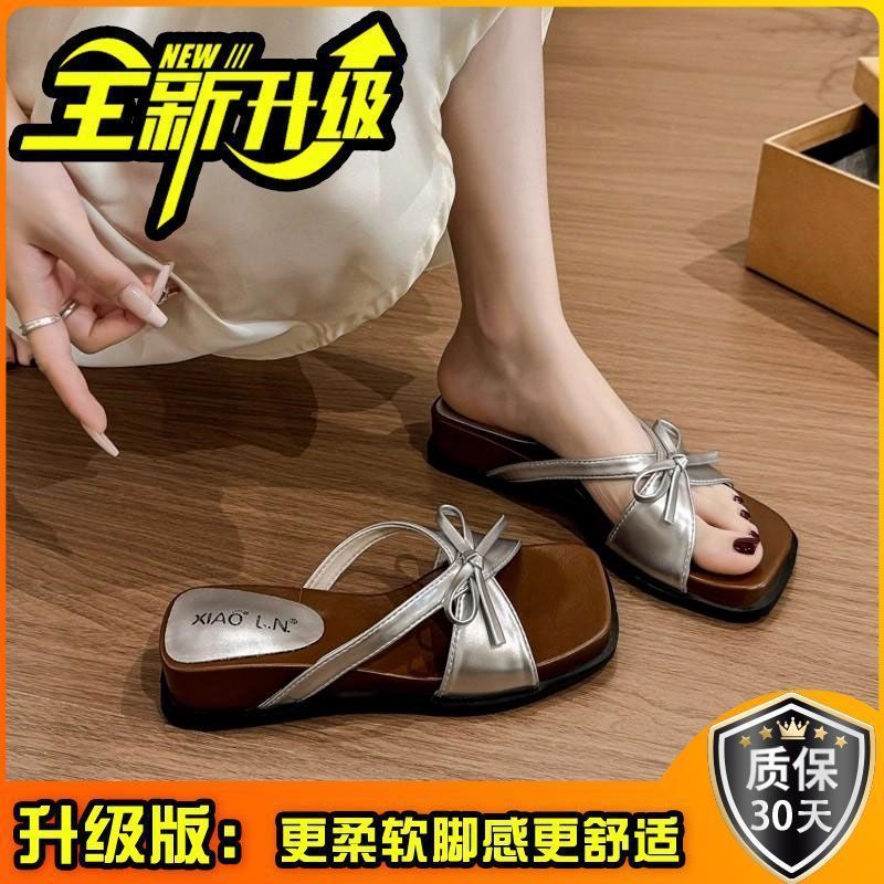 韩系时尚蝴蝶结坡跟拖鞋女2025夏季新款复古露趾仙女风厚底凉拖鞋|undefined
