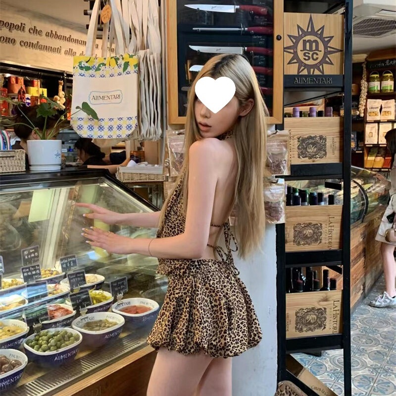 Backless Elegant Style Bud Skirt Summer Style Sexy A-Line Skirt American Vacation Leopard Print Dress Slimming New Style