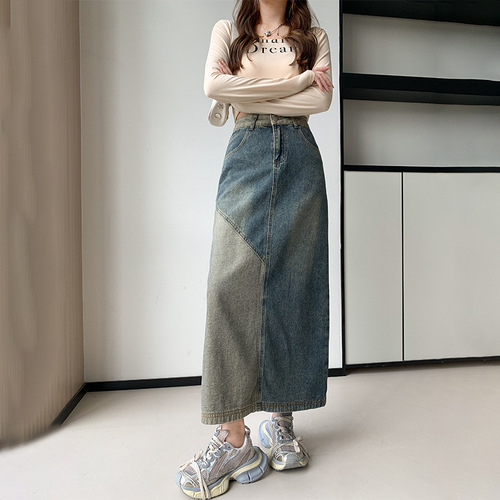 Design-sensitive niche patchwork color denim half skirt for women pear-shaped figure plus size high-waist slimming bum-miniskirt mid-length dress