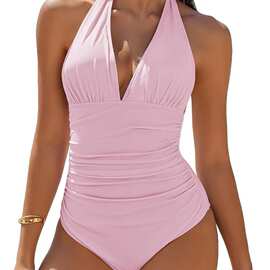 2025欧美纯色连体比基尼性感深V连体泳衣系带挂脖纯色泳装亚马逊
