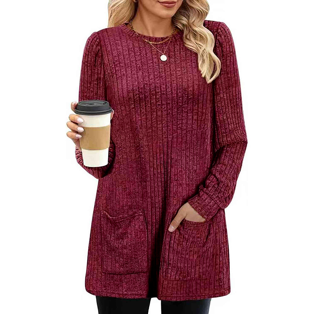 2023 transfronteriza europea y americana de otoño e invierno nueva oferta de mediados de longitud suéter cuello redondo pit color sólido bolsillo Camisa larga para las mujeres