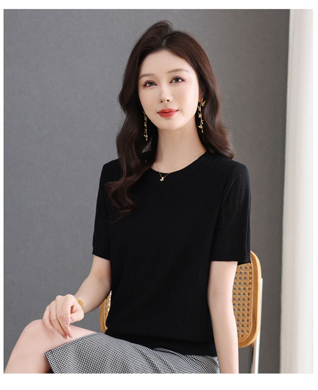 アイスシルクセーター半袖Tシャツ中年母親向け、おしゃれな夏服2025新作夏薄いお腹カバートップ|undefined