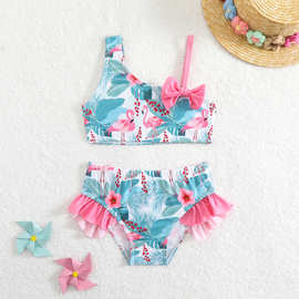 新款女童分体两件套可爱甜美蝴蝶结肩花游泳衣温暖度假儿童泳衣女