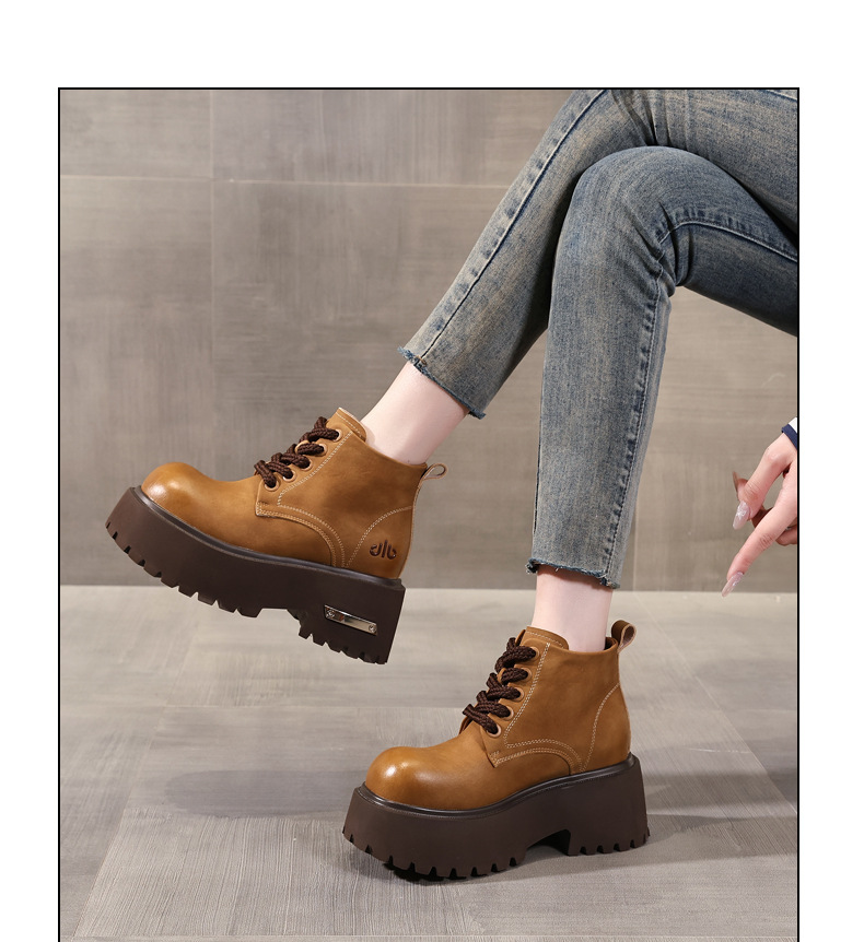 Giày boot nữ đế dày tăng chiều cao, dây buộc, phong cách đa năng — màu đen chi tiết 10