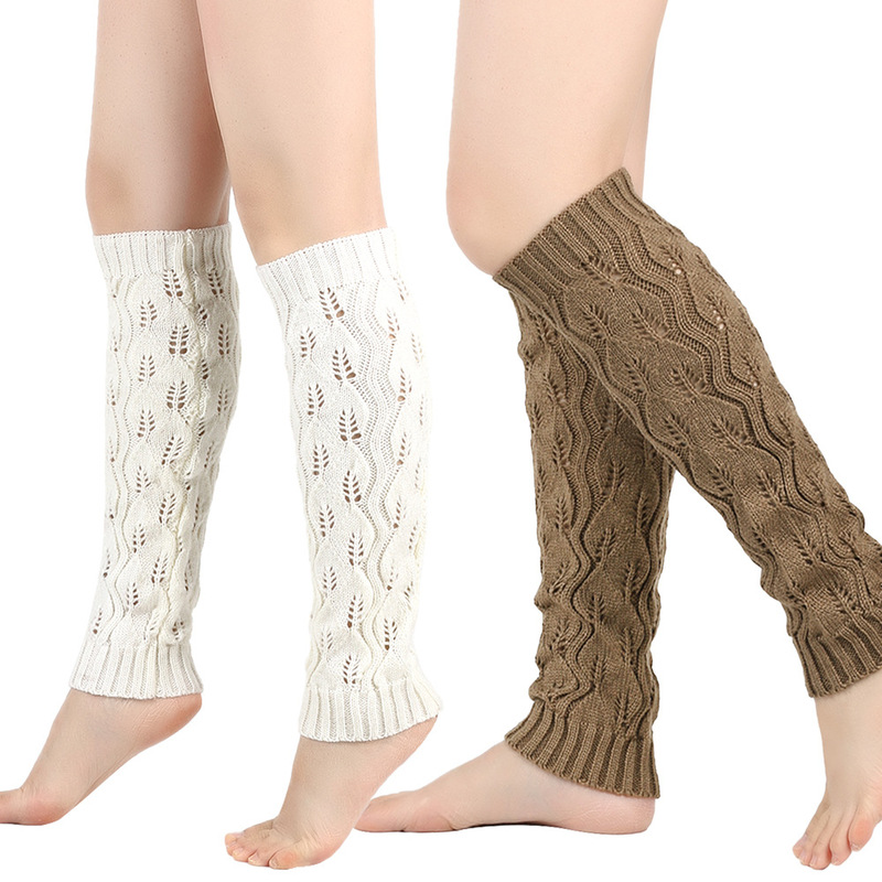 Cross-border thick wool socks hollow leaves knitted foot warmer boots European and American yoga warm leg warmer long socks
