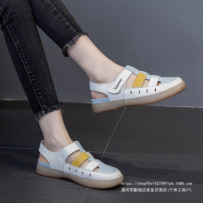 Women's 2026 New Style Soft Leather Sandals, Flat Shoes, Soft Sole, Maternity Shoes, Summer Outerwear, Soft Leather Color Block Beach Shoes