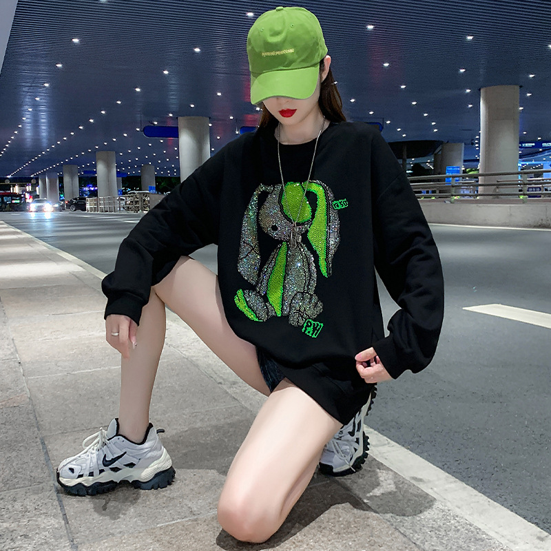 Suéter de las mujeres oversize alta calle moda marca ins suelta otoño 2024 nuevo trabajo pesado rhinestone top
