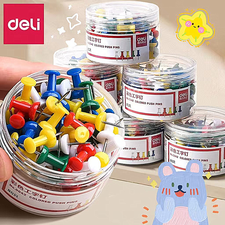 0042 Colored I-Shaped Push Pins, Large Head Push Pins, Push Pins in a Tube, Cork Board Push Pins, Metal Push Pins, Thumbtacks, 80 Pieces/Tube