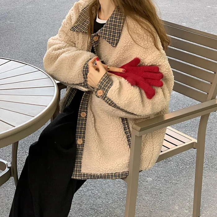 复古格子拼接仿羊羔毛外套女秋冬季新款韩版宽松双层加厚棉服上衣|undefined