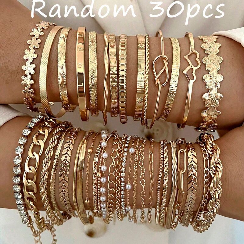 Cross-Border Hot-Selling European and American Style Gold-Plated Bracelet Set, Knotted Round Bead Flower Bracelet, 32-Piece Bracelet Set Cross-Border Hot-Selling European and American Style Gold-Plated Bracelet Set, Knotted Round Bead Flower Bracelet, 32-Piece Bracelet Set