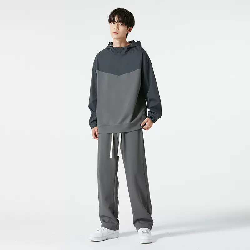 潮牌休闲运动套装男士秋季宽松拼接连帽卫衣长裤搭配拼色两件套