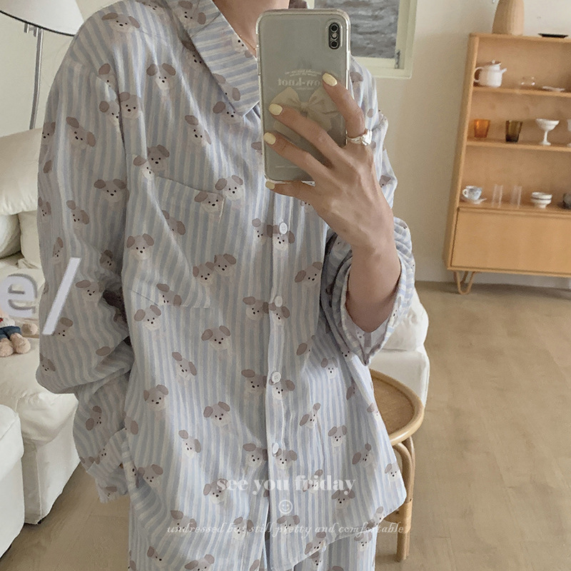 高密双层棉纱韩国2024春夏新品亲肤卡通条纹小翻领开衫睡衣家居服