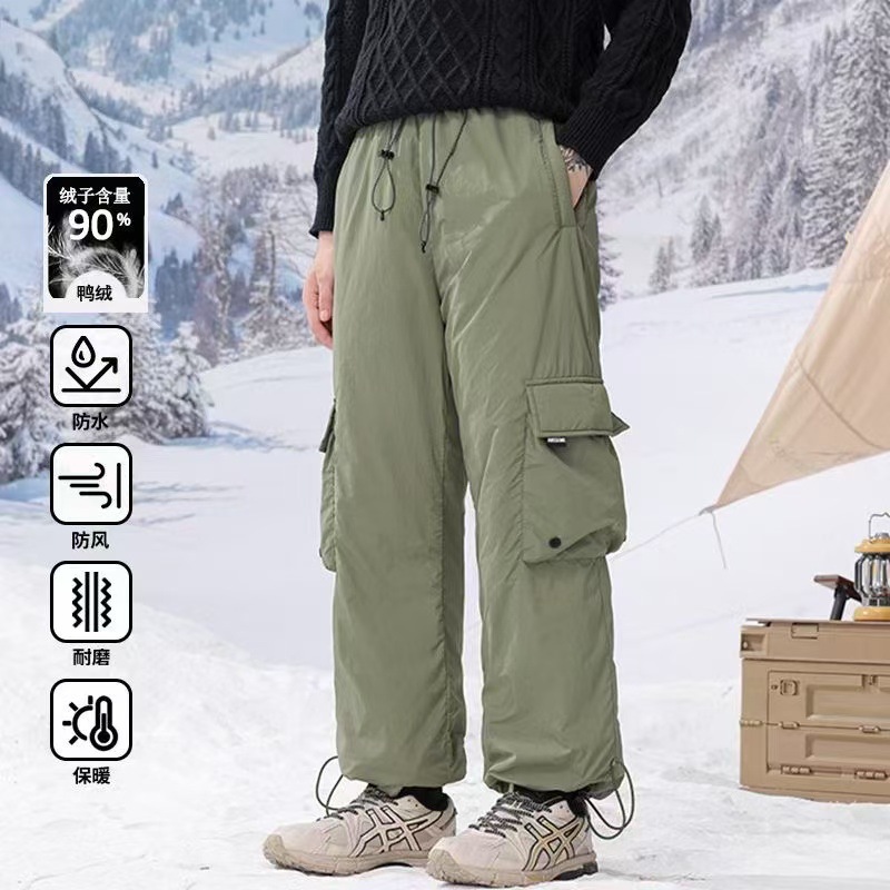 New Autumn and Winter Outdoor Waterproof down Pants for Men, Casual Thickened Ski Pants, Loose Wide-Leg Workwear down Pants