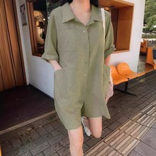 2024夏季韩国纯色衬衫连衣裙宽松薄款单排扣中袖休闲连体裤短裤女