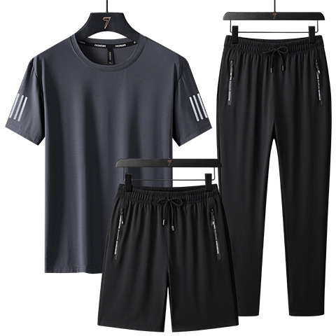 Summer Ice Silk Short Set Men's plus size Running Fitness Leisure Sports suit Short Sleeve T-Shirt Shorts Pants Three Pieces