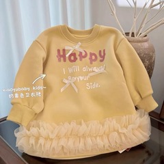 Korean version of girls plus velvet dress 2024 autumn and winter baby sweet letter printing long-sleeved spliced ​​mesh sweatshirt dress