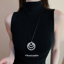 皮革超闪镶钻水晶多层圆形吊坠项链时尚百搭项饰轻奢高级感毛衣链