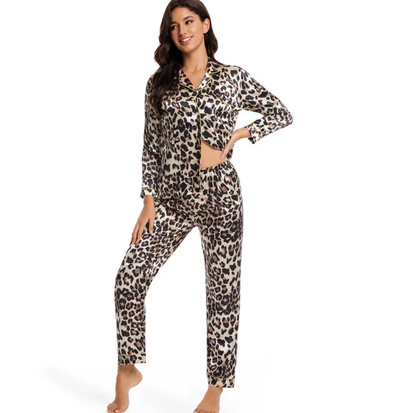 Chinese Style Simulation Silk Leopard Print Long Pants Long Sleeve Cardigan Lapel Ladies Pajamas Women's Home Wear